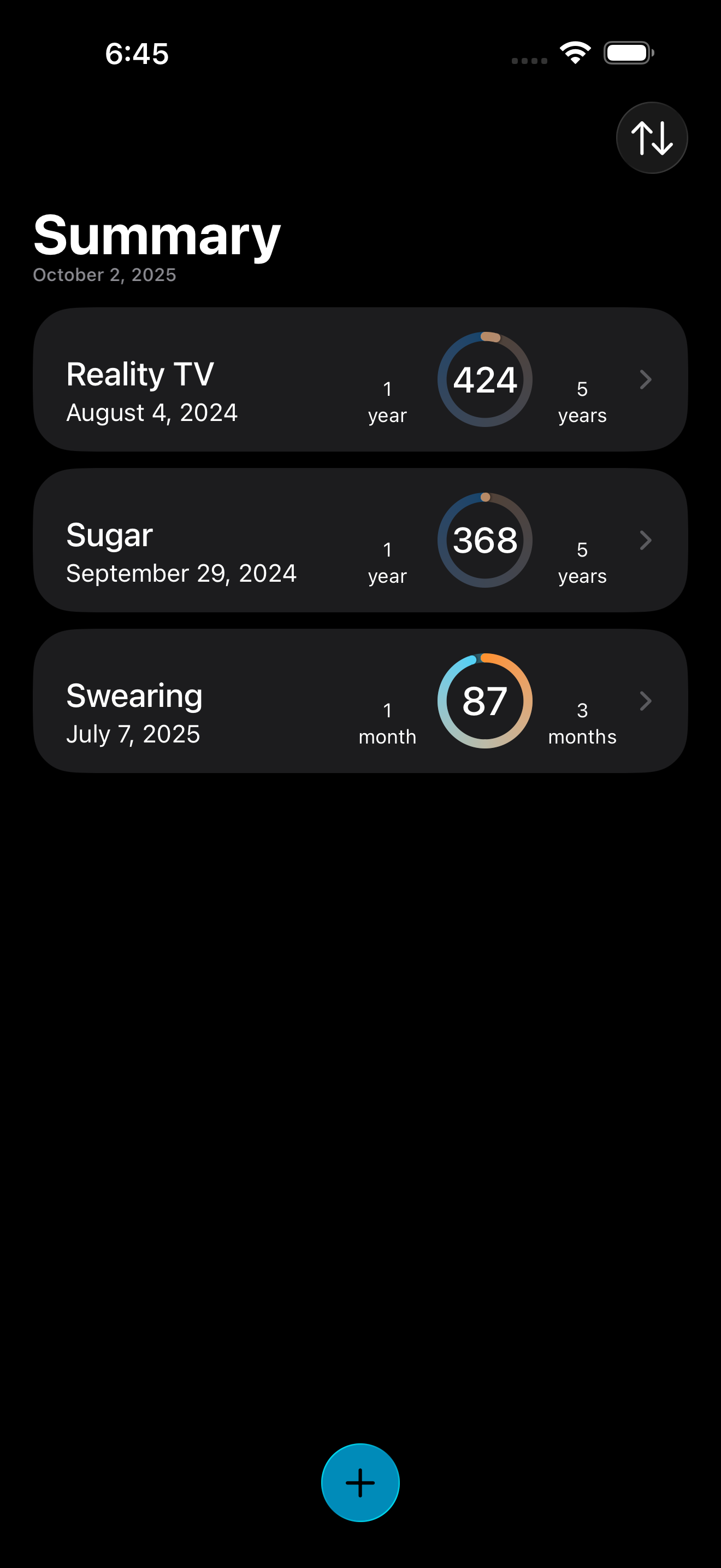 QuitClock sobriety tracker app summary screen